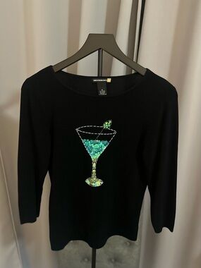 Sweaterworks Black Sequin Martini Graphic Long Sleeve Top